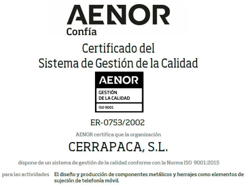aenor cerrapaca ISO 9001:2015